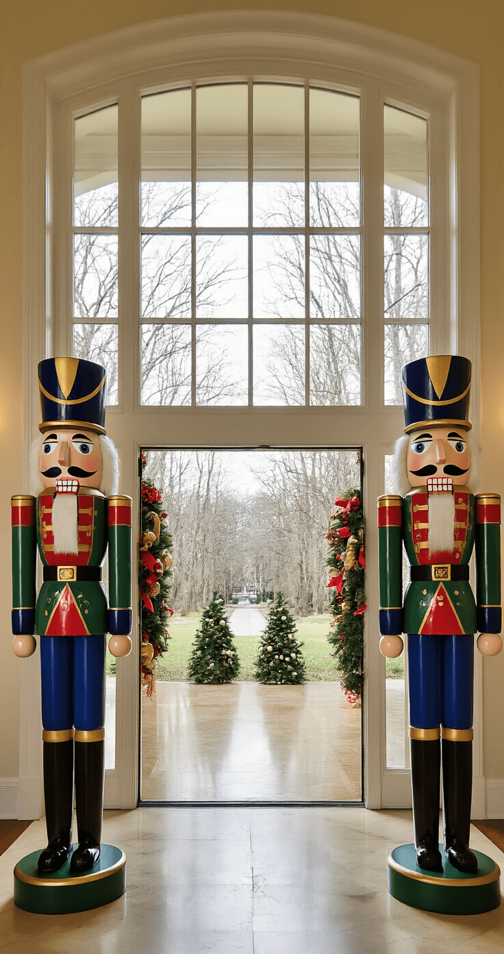 Christmas Window Painting Ideas That'll Make Your Neighbors Stop and Stare A grand entryway featuring towering windows, with two colorful nutcracker soldiers standing guard on either side of the doorway, dressed in gold-trimmed uniforms and exuding a festive holiday spirit.