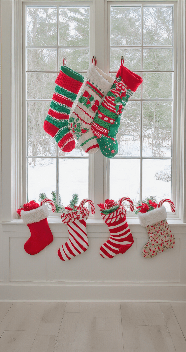 Christmas Window Painting Ideas That'll Make Your Neighbors Stop and Stare A bright kitchen with snowy backyard views, adorned with colorful holiday stockings and red and white striped candy canes, creating a festive and cheerful atmosphere.