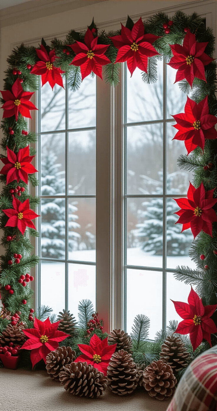 Christmas Window Painting Ideas That'll Make Your Neighbors Stop and Stare Cozy living room with large picture windows showcasing a winter landscape, adorned with a delicate garland of red poinsettias and a scattering of pinecones and holly branches for a festive touch.