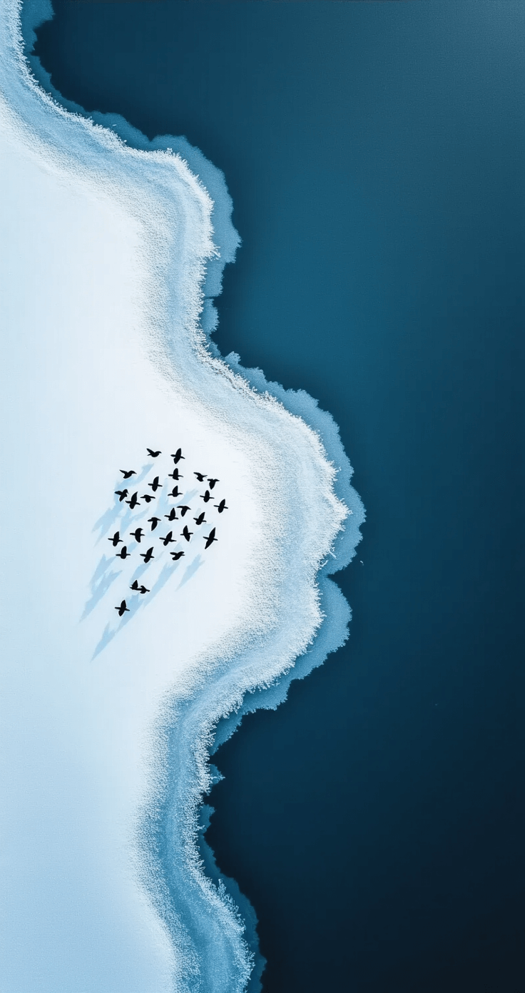 Winter Phone Wallpapers That'll Make You Actually Love the Cold Season A frozen lake with a delicate layer of ice reflects cool blue and white tones, while a small flock of birds takes flight, casting shadows on the surface. The elevated camera angle captures the tranquility and minimalism of the scene.
