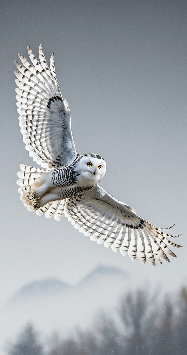 Winter Phone Wallpapers That'll Make You Actually Love the Cold Season A majestic snowy owl soars through a wintry landscape, its outstretched wings and illuminated feathers emphasizing its powerful presence against a backdrop of soft white and gray hues.