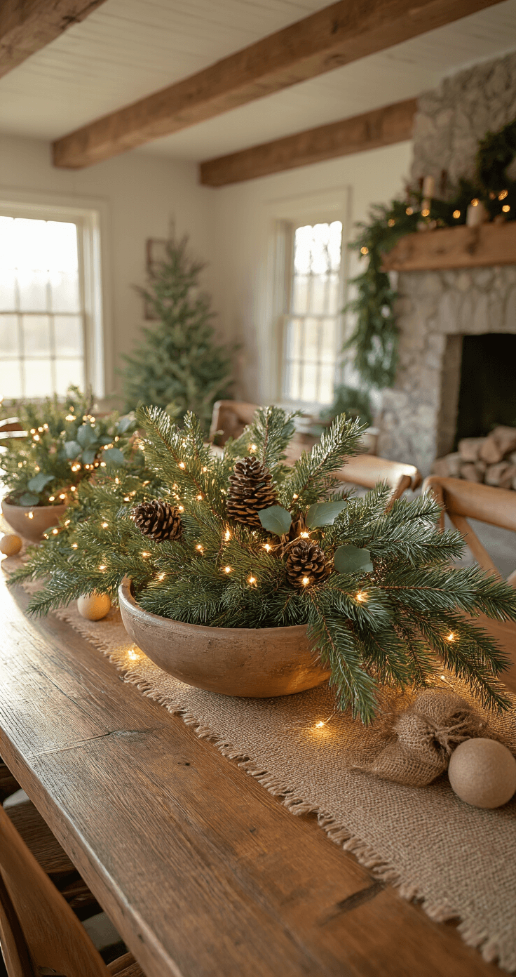 Christmas Table Centerpiece Ideas That'll Make Your Guests Go "Wow!" A cozy farmhouse-style dining room with a wooden table adorned with a rustic dough bowl of pine branches, holly, and eucalyptus, featuring battery-powered string lights and natural elements like pinecones and burlap-wrapped ornaments, illuminated by warm afternoon light and complemented by wooden beams and a stone fireplace.