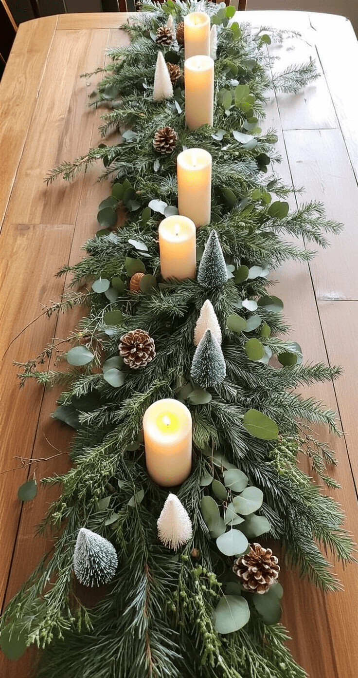 Christmas Table Centerpiece Ideas That'll Make Your Guests Go "Wow!" A long wooden farmhouse table adorned with a lush garland of pine, eucalyptus, and birch branches, featuring ivory pillar candles and small bottle brush Christmas trees, all illuminated by warm candlelight for a cozy winter holiday setting.