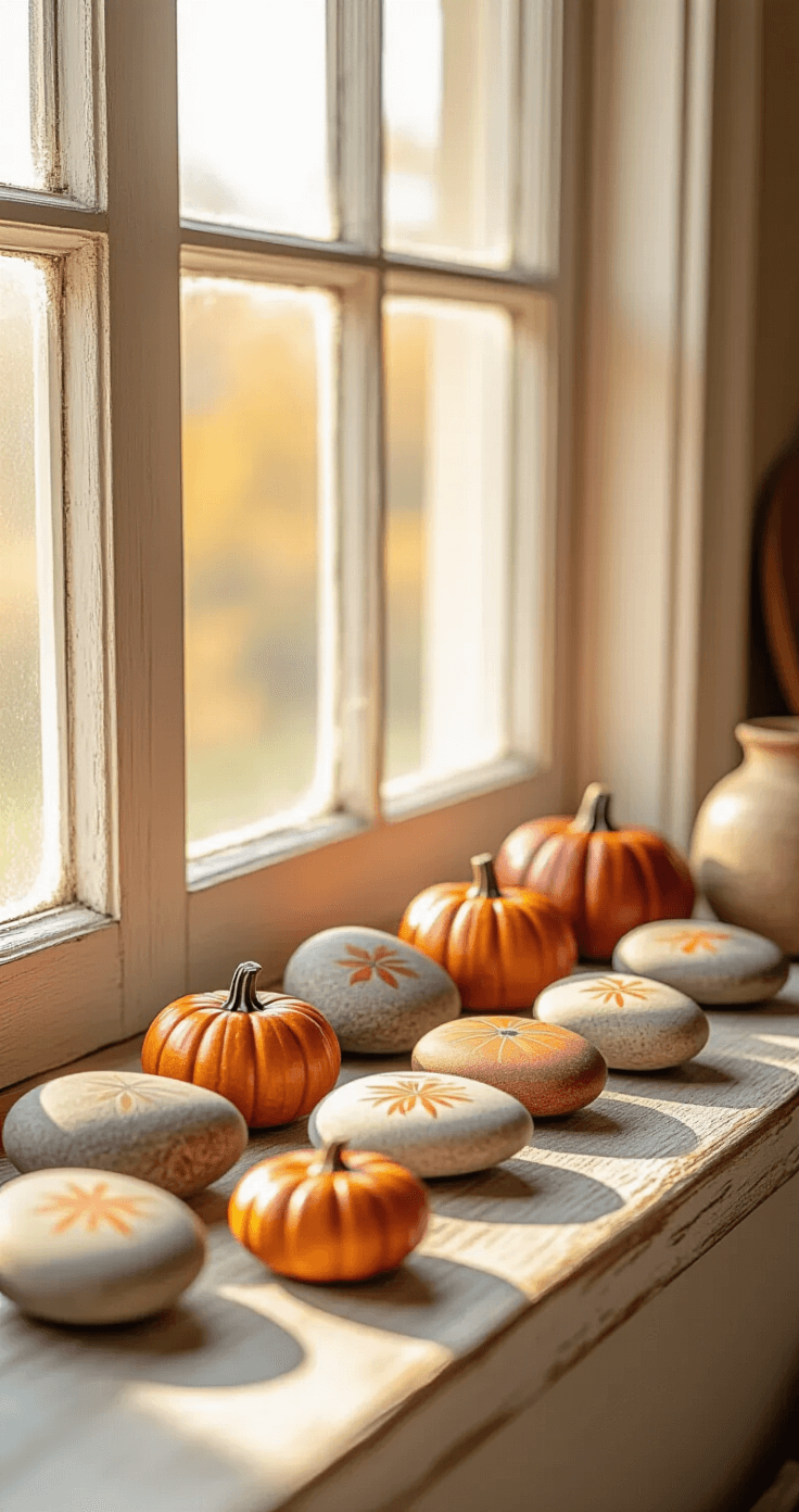 A warm kitchen windowsill adorned with hand-painted autumn rocks featuring intricate pumpkin designs in burnt orange, copper, and deep red hues, with soft morning light casting gentle shadows and highlighting the textures of smooth river stones against cream-colored walls.