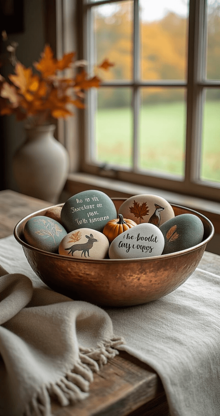 Rustic farmhouse-style coffee table featuring a vintage copper bowl filled with intricately painted fall rocks depicting woodland creatures, autumn leaves, and inspirational messages in sage green, cream, and burnt sienna, with a natural linen table runner and a soft wool throw, illuminated by soft afternoon light.