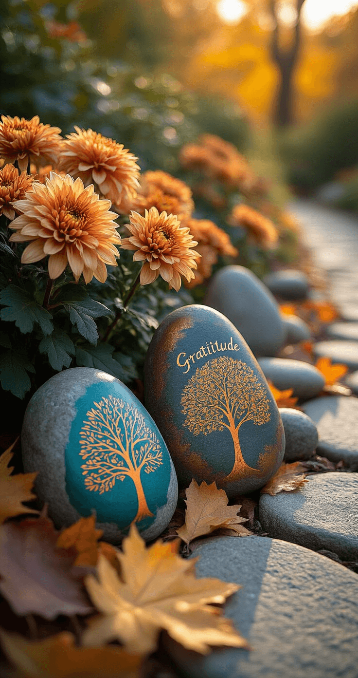 A close-up of painted rocks with gratitude messages and abstract fall tree designs nestled among late-season chrysanthemums and fallen autumn leaves, illuminated by late afternoon sunlight, with a weathered stone pathway softly blurred in the background.