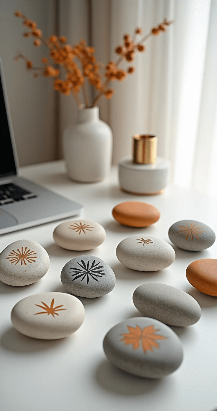 A cozy home office desk corner featuring a sleek white desk adorned with delicate brass accessories, surrounded by meticulously painted fall-themed rocks in neutral tones, with natural morning light streaming through sheer curtains.