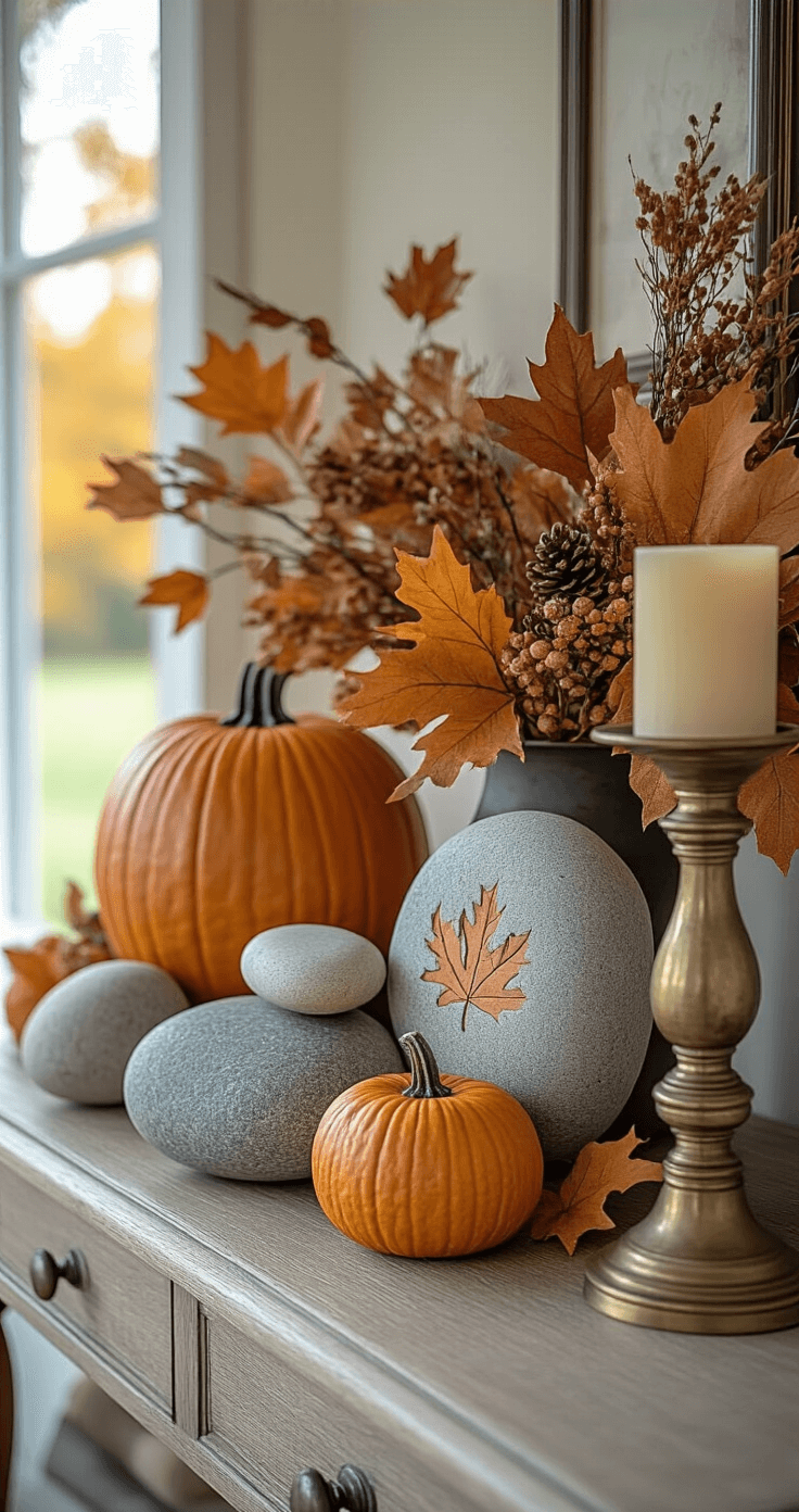An elegantly styled farmhouse entryway console table displaying fall-themed rocks, pumpkins, and leaves alongside dried autumn foliage and vintage brass candleholders, illuminated by warm evening light against a soft neutral wall.