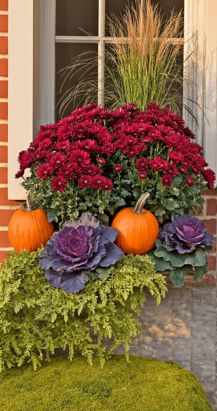 A dramatic autumn window box filled with rich burgundy mums, burnt orange mini pumpkins, and dark purple ornamental cabbage, enhanced by vertical fountain grass. Warm golden hour light casts soft shadows over the textural moss base, set against a complementary brick exterior, showcasing intricate landscape design.