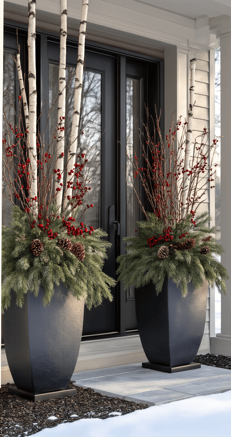 Photorealistic winter urn arrangement at a front entrance, featuring large fiberglass planters with birch poles and dogwood branches, white pine greenery, pinecones, and winterberries, set against a dark wooden door under soft grey morning light. Winter Urns Outdoor Planters