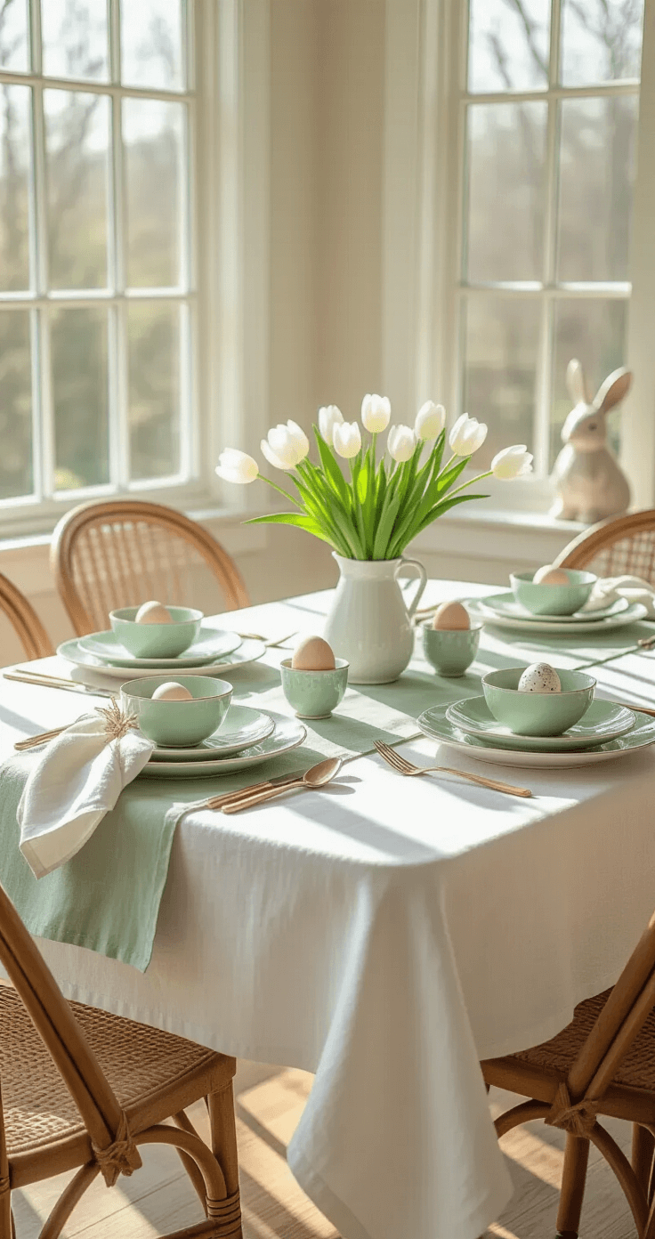 A beautifully styled Easter dining room featuring a sunlit table with a white linen tablecloth and sage green runner, pastel ceramic plates, vintage egg cups with speckled eggs, a fresh flower centerpiece of white tulips and rosemary, and rattan chairs, captured in soft focus with warm lighting.