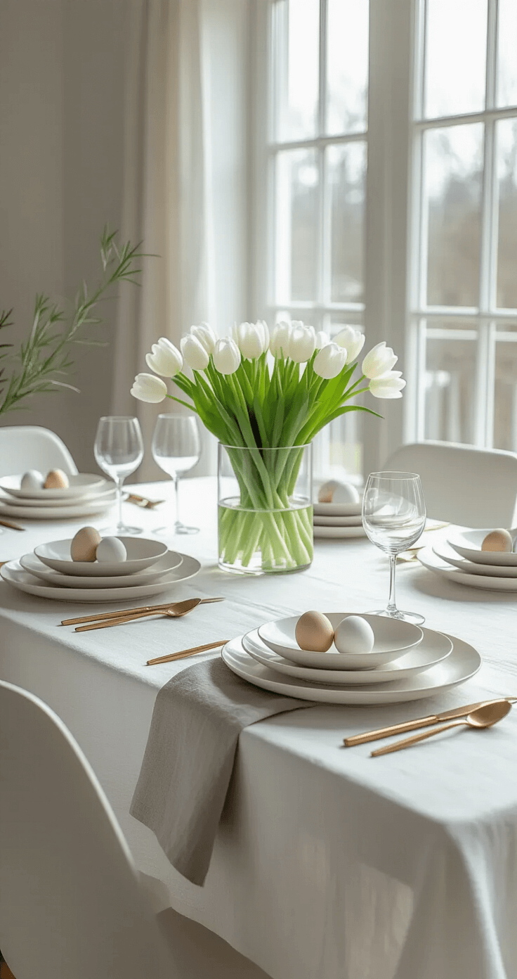A modern minimalist Easter table setting featuring white porcelain plates on a crisp linen tablecloth, adorned with white tulips in a glass vase, marbled eggs in metallic holders, gold-rimmed glasses, and elegant napkin rings, illuminated by soft natural light.