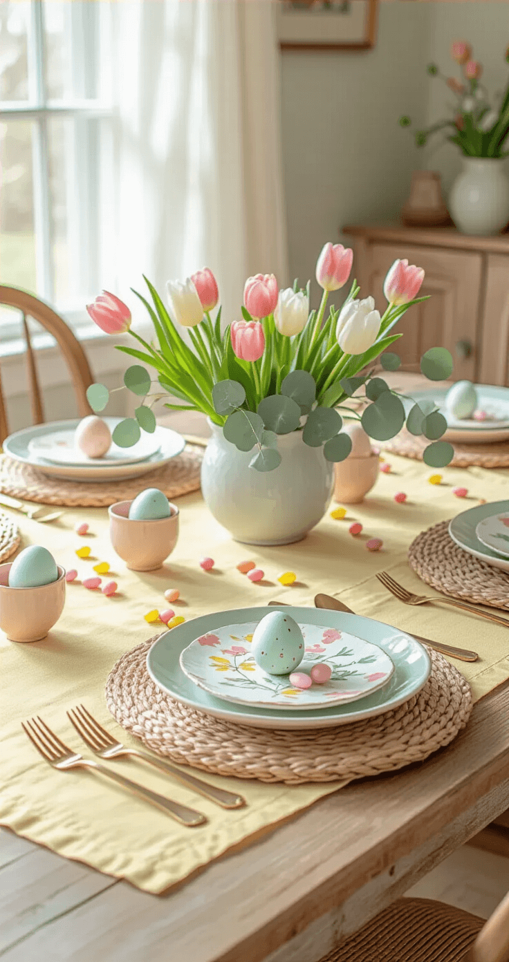 A whimsical Easter table featuring a pastel yellow cotton tablecloth, vintage wooden elements, ceramic egg cups with naturally dyed eggs, scattered jelly beans, handmade watercolor place cards, a low centerpiece of mixed tulips and eucalyptus, woven placemats, and brass cutlery, all bathed in soft morning light.