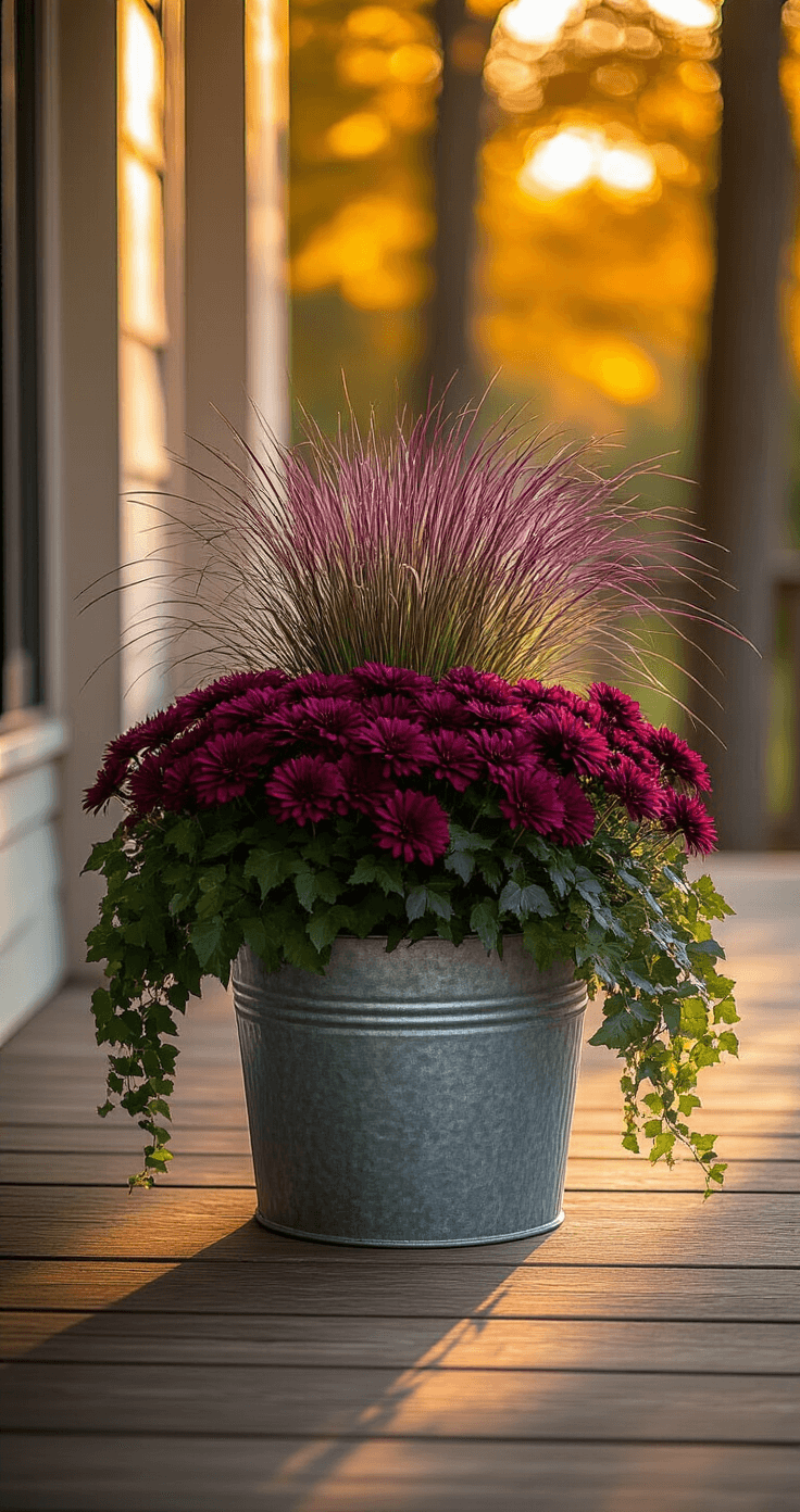 A rustic front porch at golden hour featuring a galvanized metal planter filled with purple fountain grass, burgundy mums, and cascading ivy, with soft afternoon sunlight casting warm amber and deep wine shadows across aged wooden plank flooring.