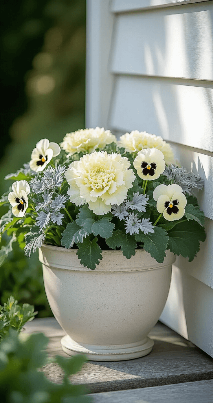 An elegant outdoor container arrangement with white flowering kale at the center, surrounded by silvery dusty miller and cream pansies, set against a weathered white farmhouse, captured in soft morning light.