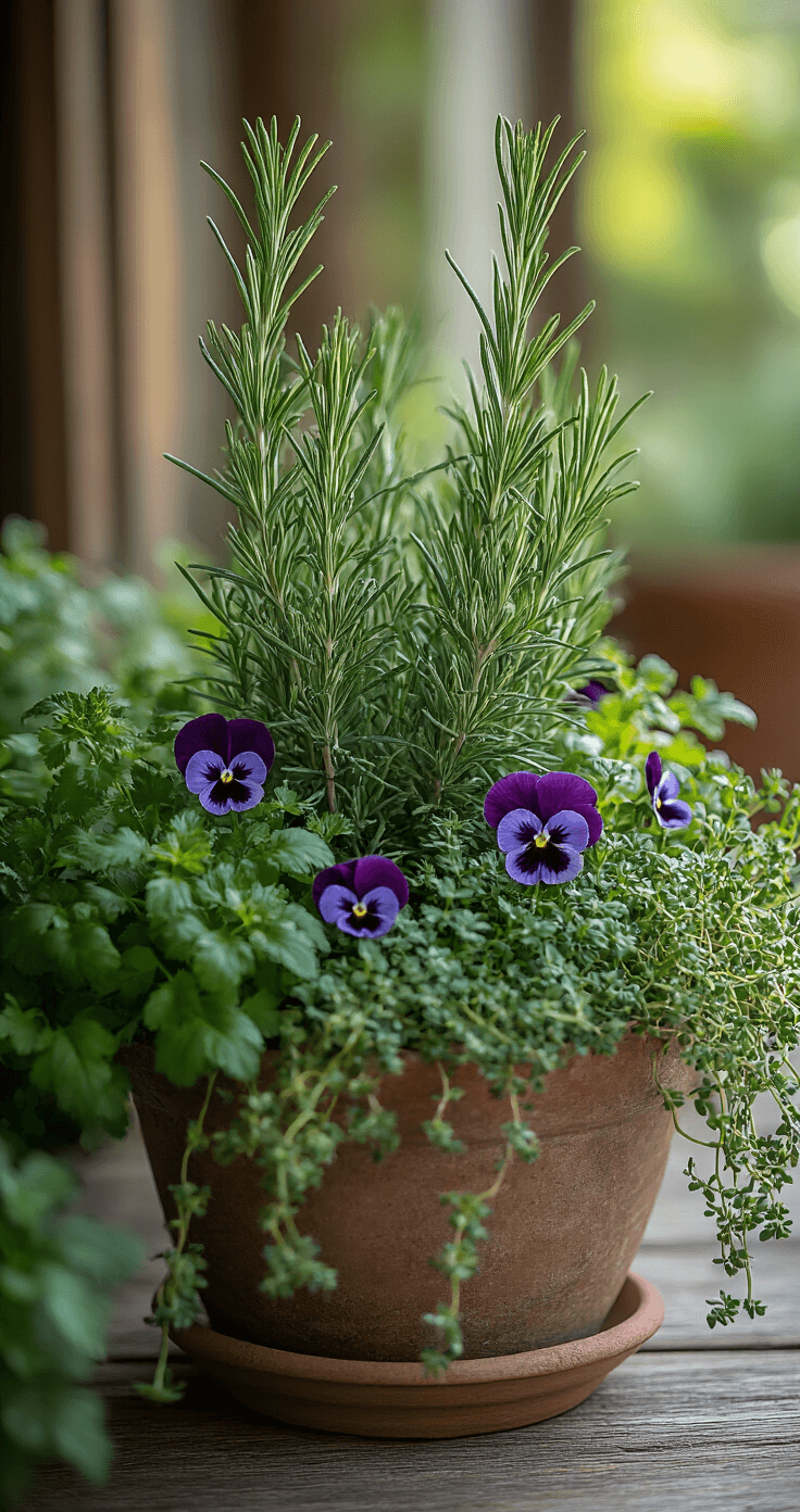 A close-up of a functional herb container garden featuring tall rosemary as the centerpiece, surrounded by deep green parsley and trailing thyme, accented with purple pansies. The setting is a rustic wooden deck bathed in soft natural light, highlighting the intricate textures of the leaves and the harmonious burnished bronze and sage green color palette.