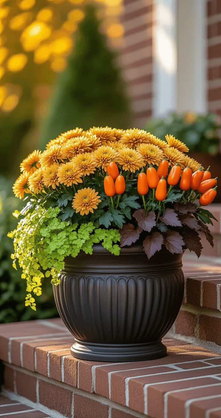 A warm-toned fall planter with golden chrysanthemums, vibrant orange ornamental peppers, chartreuse creeping Jenny, and bronze heuchera on brick front steps, illuminated by soft afternoon sunlight in a symmetrical arrangement.