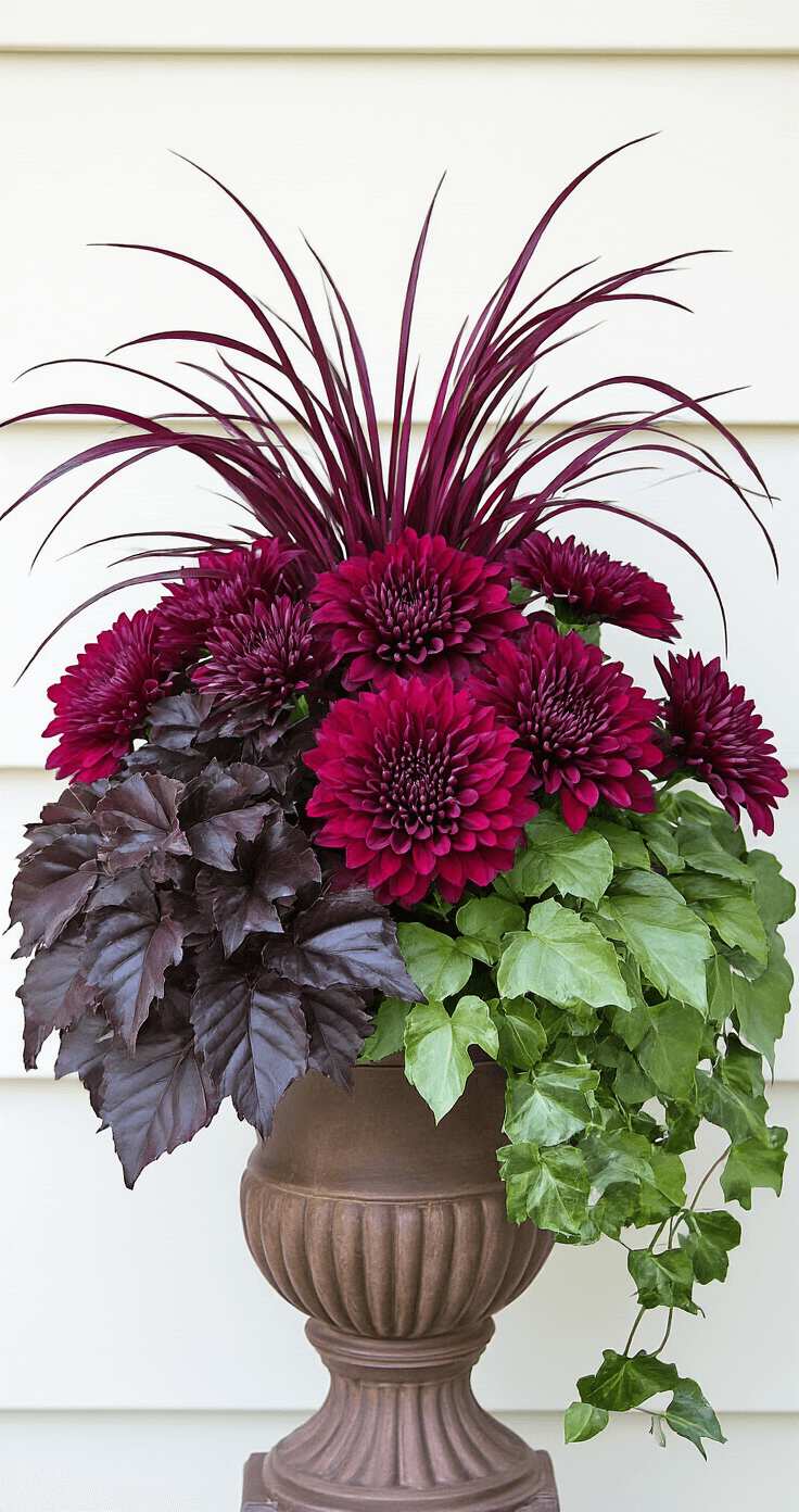 An artistic arrangement of jewel-toned plants featuring deep burgundy mums, rich purple fountain grass, wine-colored heuchera, and trailing dark ivy, set against a white house exterior illuminated by soft autumn light; the composition showcases dramatic layering and vibrant colors from a slightly elevated angle.