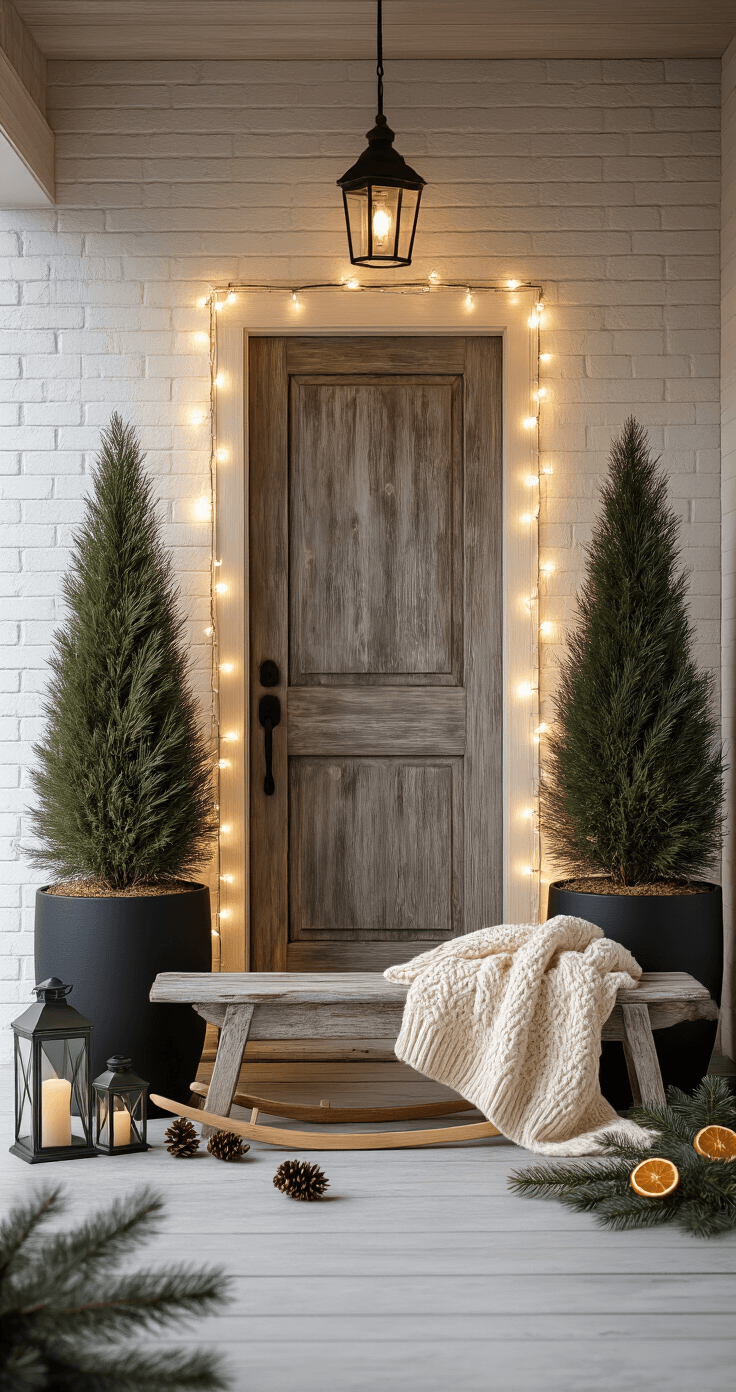 A cozy winter porch scene at golden hour featuring two cypress trees in matte black planters flanking a weathered wooden door, illuminated by warm LED string lights. A vintage sled leans against a white brick wall, with a cream cable-knit throw on a reclaimed wood bench and battery-operated lanterns creating ambiance. The foreground includes pinecones, dried orange slices, and evergreen branches, all covered in soft frost. The cool gray and forest green color palette enhances the intimate, serene atmosphere.