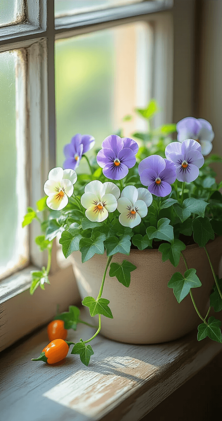 A close-up of a compact windowsill planter with delicate lavender and cream violas interwoven with trailing ivy and miniature ornamental peppers, illuminated by soft morning light on a weathered wooden sill, showcasing intricate plant textures and subtle color transitions.