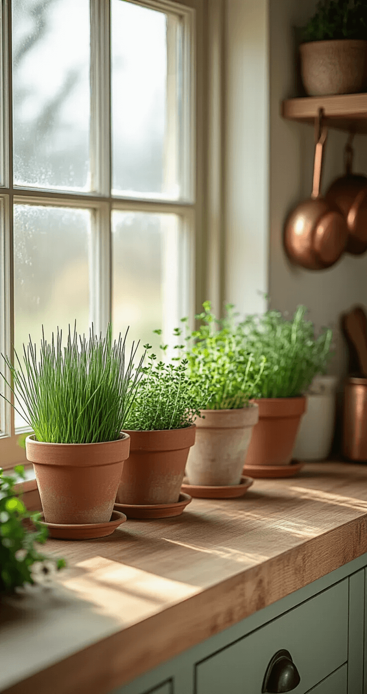 A rustic kitchen interior illuminated by soft winter morning light, featuring a wooden countertop adorned with terracotta herb pots of chives, thyme, and rosemary, vintage copper cooking tools in the background, and a warm color palette of sage green, cream, and soft browns, captured in a wide-angle overhead shot.
