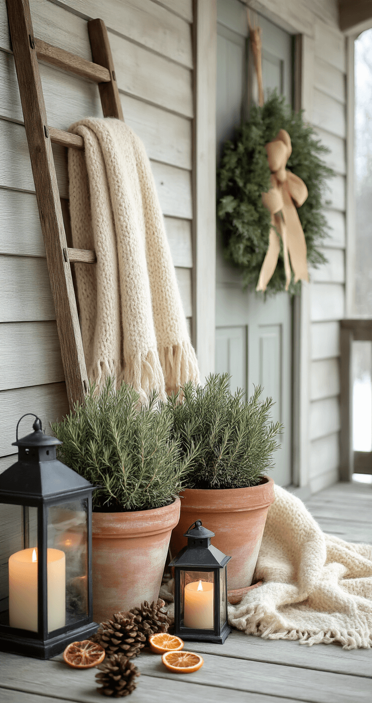 A cozy winter porch scene featuring a wooden ladder draped with a cream wool blanket against a weathered shiplap wall, adorned with rosemary topiaries in terracotta pots, vintage lanterns with warm candlelight, and a handcrafted wreath on the door, with pinecones and dried citrus slices scattered around, all under soft snowfall in a muted color palette.