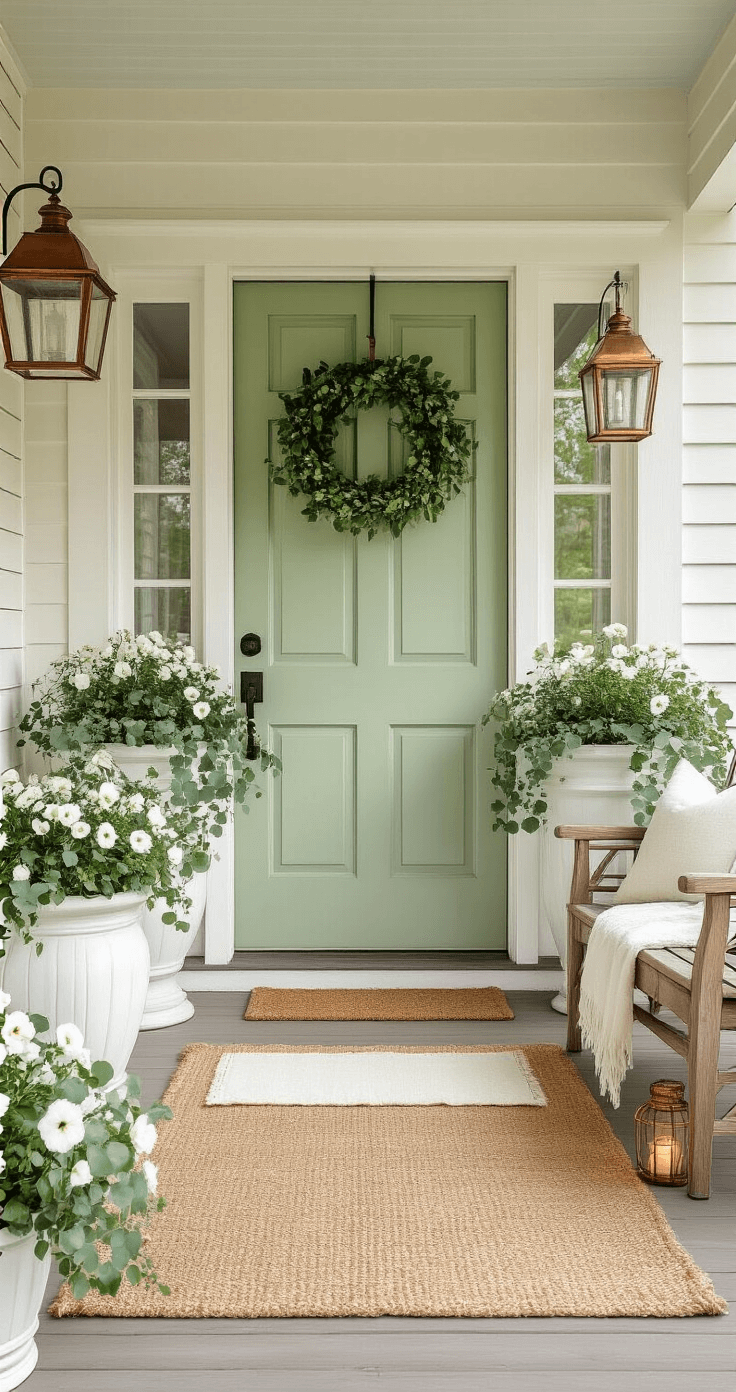 A photorealistic spring porch scene showcases a classic farmhouse with a sage green front door, large white planters, a jute rug layered with a white welcome mat, and vintage copper lanterns. The cozy setting features a teak bench with a linen pillow and fairy lights, illuminated by soft morning sunlight, creating a warm and inviting atmosphere.