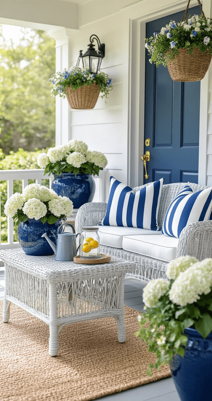 Coastal-inspired spring porch featuring a soft white resin wicker bistro set with blue and white striped cushions, large navy blue ceramic planters with white hydrangeas and ivy, a weathered wooden side table with a vintage watering can and glass hurricane lamp, a woven jute area rug, a black metal hanging basket with blue and white flowers, and a soft blue front door with brass hardware.