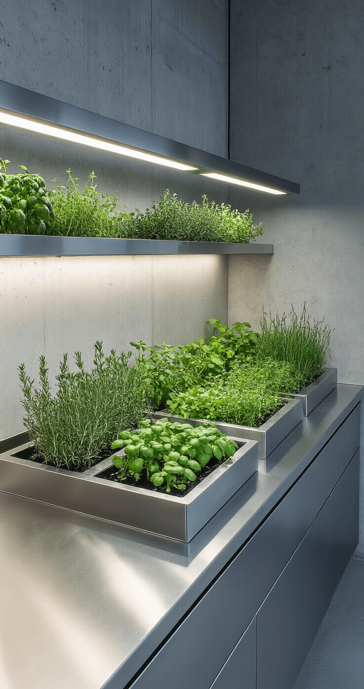An industrial-style kitchen with stainless steel countertops, featuring a raised herb garden with integrated grow lights and multiple levels of planters displaying thyme, rosemary, and chives, set against concrete walls in a minimalist design with a cool blue-grey and green color palette.