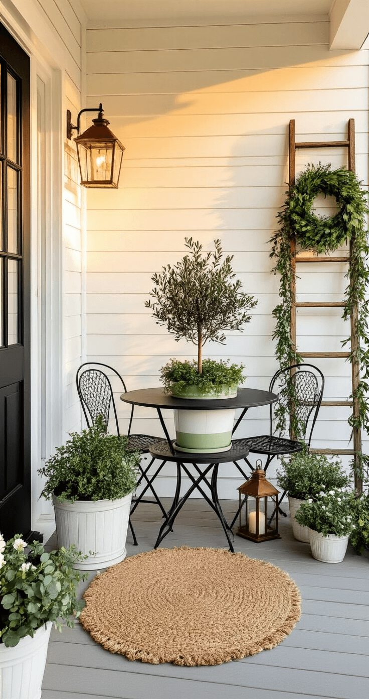 A modern farmhouse porch at golden hour featuring warm amber lighting, black metal bistro set, oversized green and white planter with an olive tree, a vintage wooden ladder draped with greenery garlands, copper lanterns, mixed height planters with pansies and eucalyptus, a jute welcome mat, and a black front door adorned with a mixed greenery wreath, all creating a warm and inviting atmosphere.