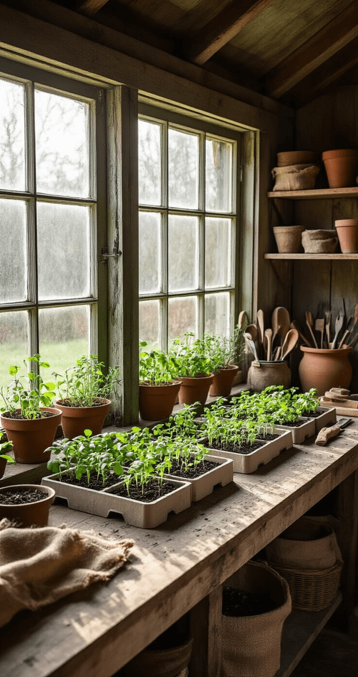 A cozy potting shed interior featuring a wooden workbench, cold frames, and herb propagation stations, illuminated by soft winter light filtering through dusty windows, with neatly arranged tools, seed trays of emerging seedlings, vintage terracotta pots, and burlap materials in a muted green and brown color scheme.