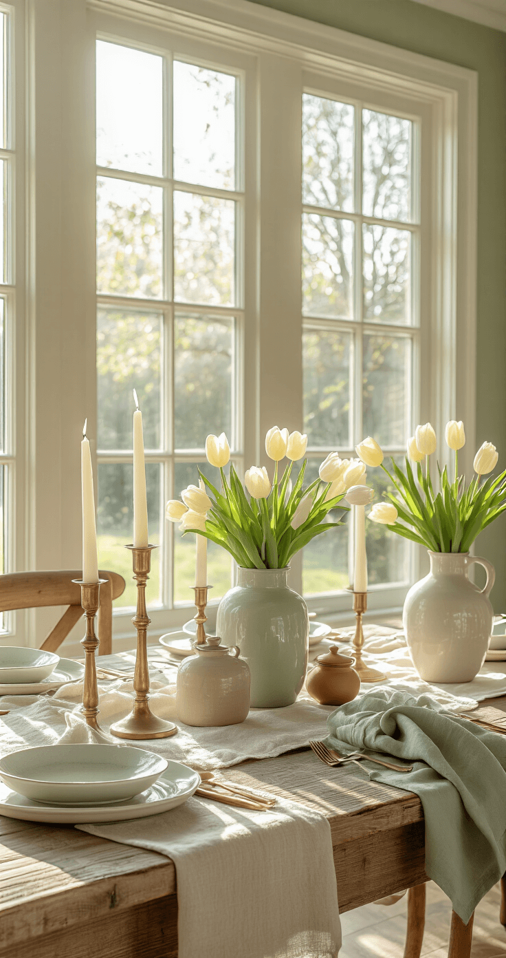 A sunlit dining room featuring a reclaimed wood farmhouse table adorned with a muted cream linen runner, pale yellow tulips in ceramic vases, and brass candlesticks. The soft sage green and cream color palette is complemented by handwoven linen napkins and white ceramic plates, with terracotta salt cellars and copper flatware enhancing the inviting atmosphere. Large French windows allow golden morning light to flood the space, highlighting its warmth and texture.