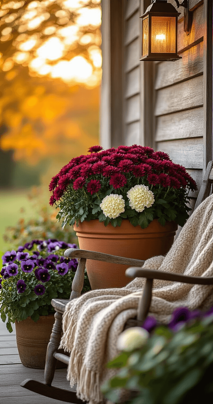 A rustic autumn porch scene at golden hour with a large terracotta container filled with deep burgundy chrysanthemums and white ornamental cabbage, against weathered wood siding, soft sunlight casting warm shadows, cascading purple pansies, a woven wool throw on a vintage rocking chair, and a copper lantern subtly illuminating the setting.