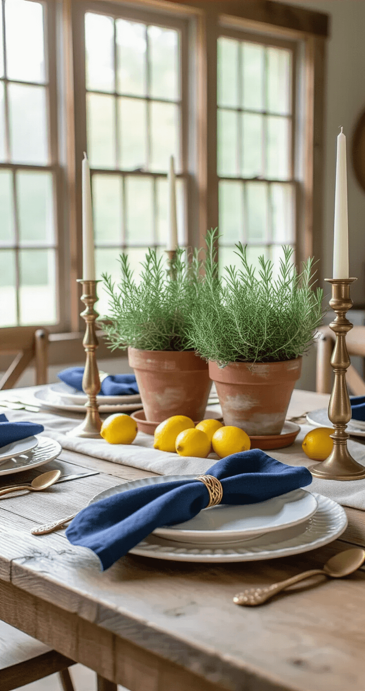 A rustic farmhouse dining space featuring a distressed wooden table with a natural linen tablecloth, accented by coral, navy, and gold colors. The scene includes vintage brass candlesticks, a potted herb centerpiece with rosemary and thyme in mismatched terracotta pots, handmade ceramic plates, navy linen napkins with gold geometric rings, and fresh lemons. Soft morning light streams through wooden-framed windows, highlighting the textures and organic styling.