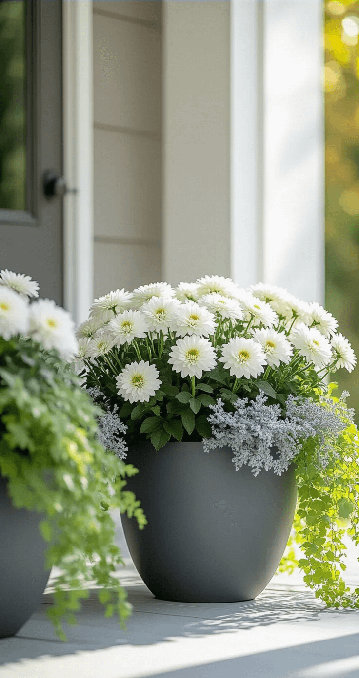 Sophisticated fall entryway showcasing a minimalist design with white mums in a charcoal gray planter, silvery dusty miller, and lime-green creeping jenny, illuminated by morning light on a white wooden porch, captured from an elevated angle to highlight plant textures and architectural details.