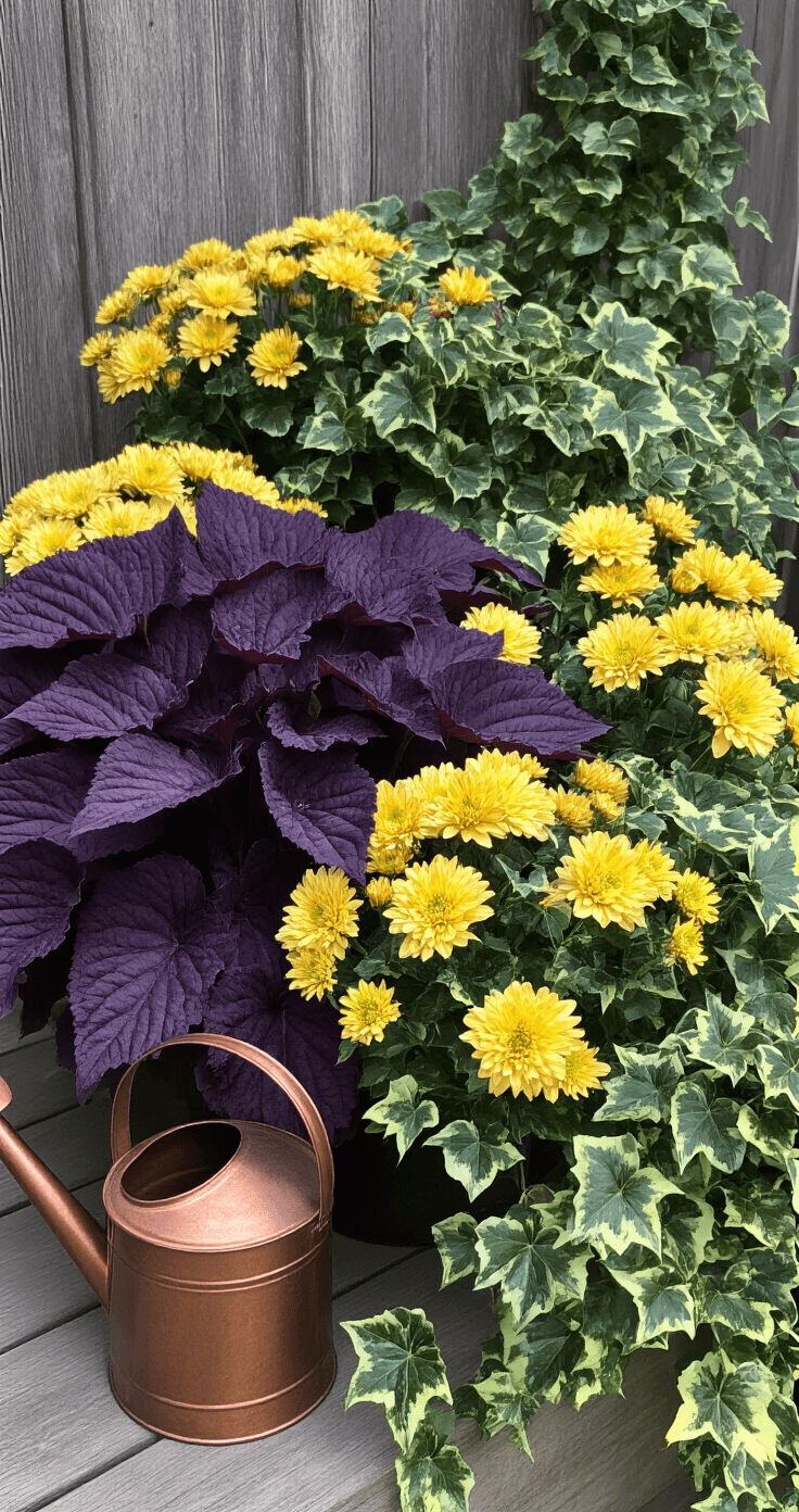 Moody fall porch scene featuring deep purple heuchera as the focal point, surrounded by golden yellow mums and variegated ivy, with a vintage copper watering can nearby, all set against a weathered wood backdrop in overcast afternoon light.