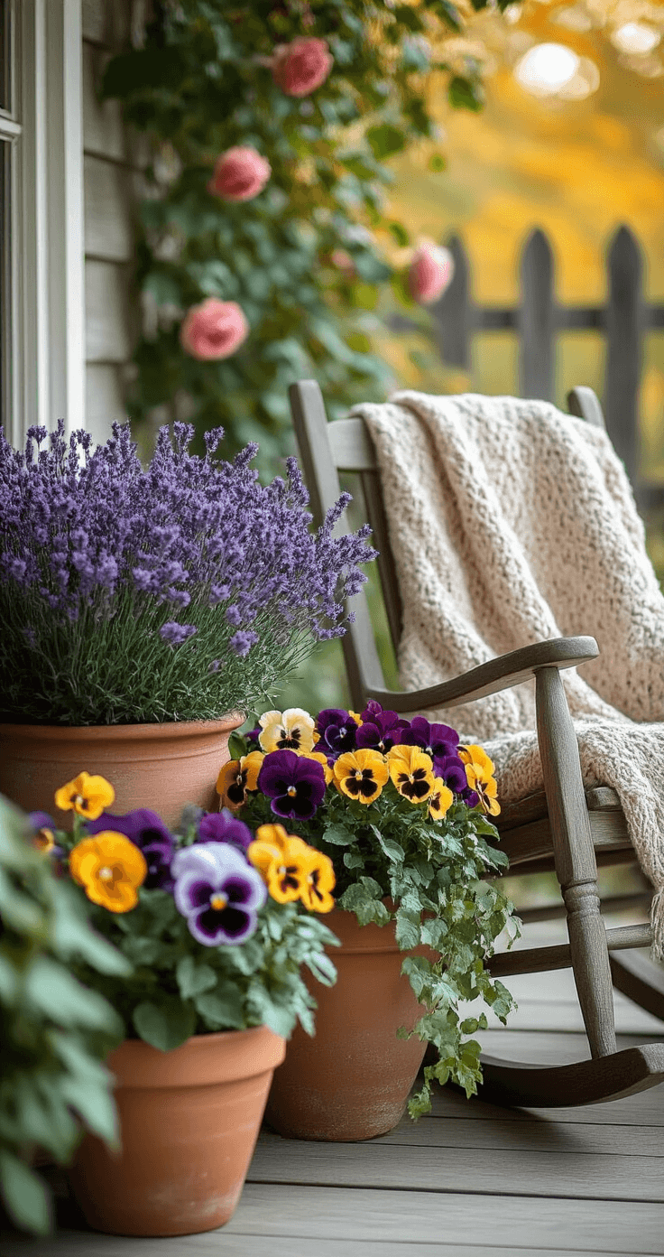 A cozy cottage-style porch in early autumn featuring lavender asters and jewel-toned pansies in varying ceramic pots, complemented by trailing ivy. A weathered wooden rocking chair draped with a knitted throw sits amidst vintage terra cotta pots, with a soft focus background revealing climbing roses and a rustic fence.