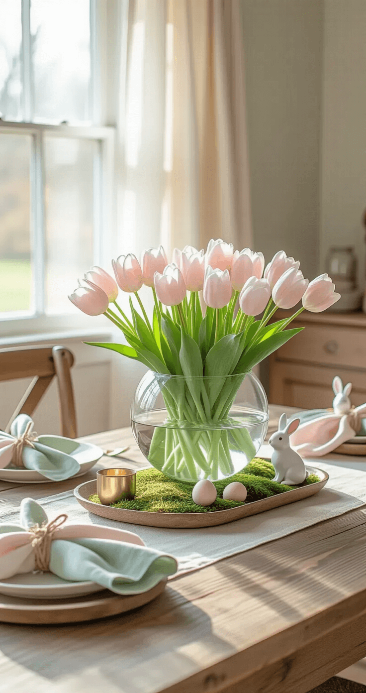 A sunlit dining room with sheer linen curtains, featuring a rustic wooden table adorned with a glass bowl of floating pale pink tulips, moss-covered tray with pastel eggs, brass candle holders, and porcelain bunny figurines, complemented by a linen table runner and tied napkins with rosemary sprigs.