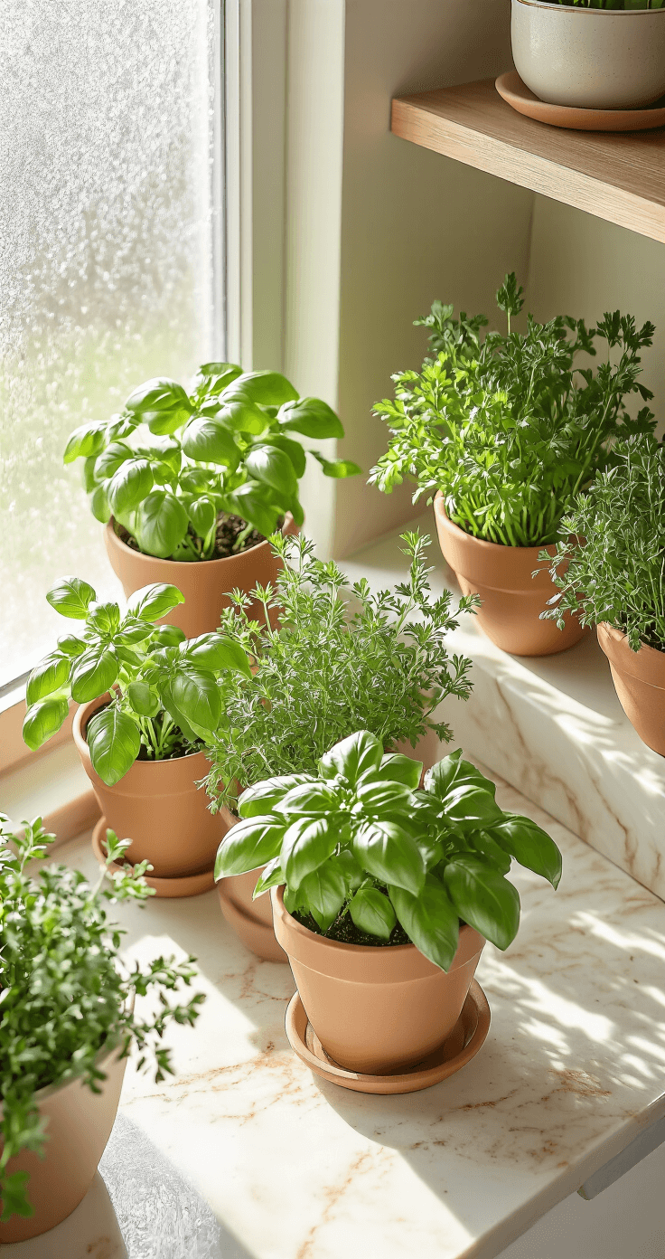 An overhead view of a winter kitchen herb garden featuring terra cotta pots with vibrant basil, parsley, and thyme, illuminated by soft LED grow light. The scene showcases a warm neutral palette with a ceramic counter's subtle marble texture, morning light filtering through a frosted window, and a clean, minimal arrangement emphasizing the delicate green leaves and textures of the herbs.