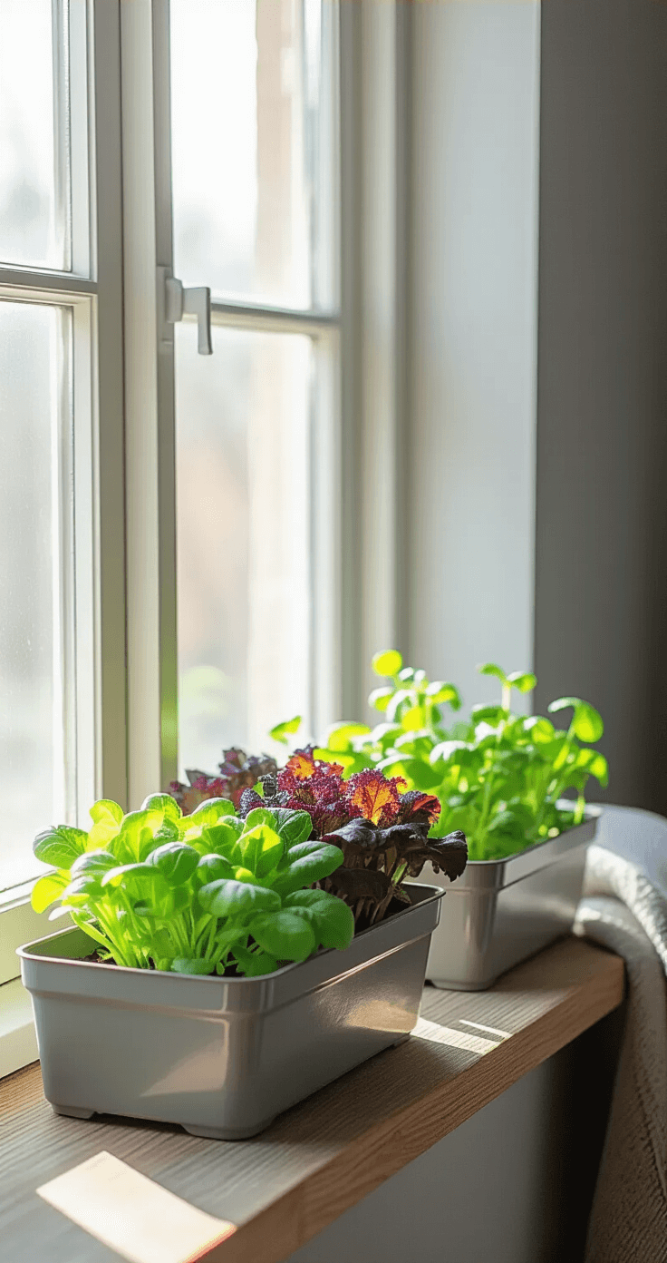 Cozy indoor gardening setup on a weathered wooden windowsill, featuring two rectangular planters of mixed salad greens in various growth stages, illuminated by soft winter morning light. Detailed macro view of tender green and burgundy lettuce leaves against muted gray walls and textiles, creating a warm atmosphere amidst the cold exterior.