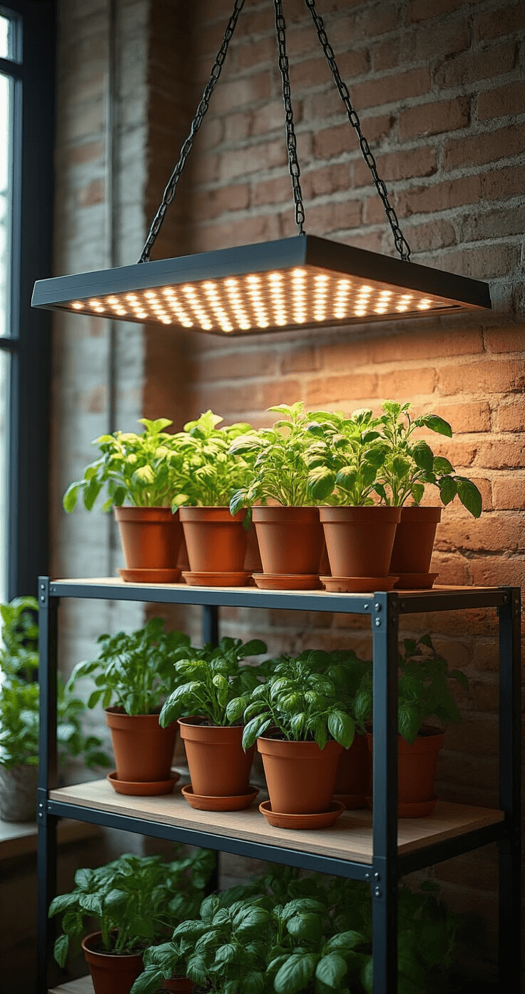 Compact urban indoor gardening station with adjustable LED grow light, modular shelving displaying cherry tomato plants in terracotta pots against an exposed brick wall, featuring industrial metal shelving and dramatic side lighting for a sophisticated aesthetic.