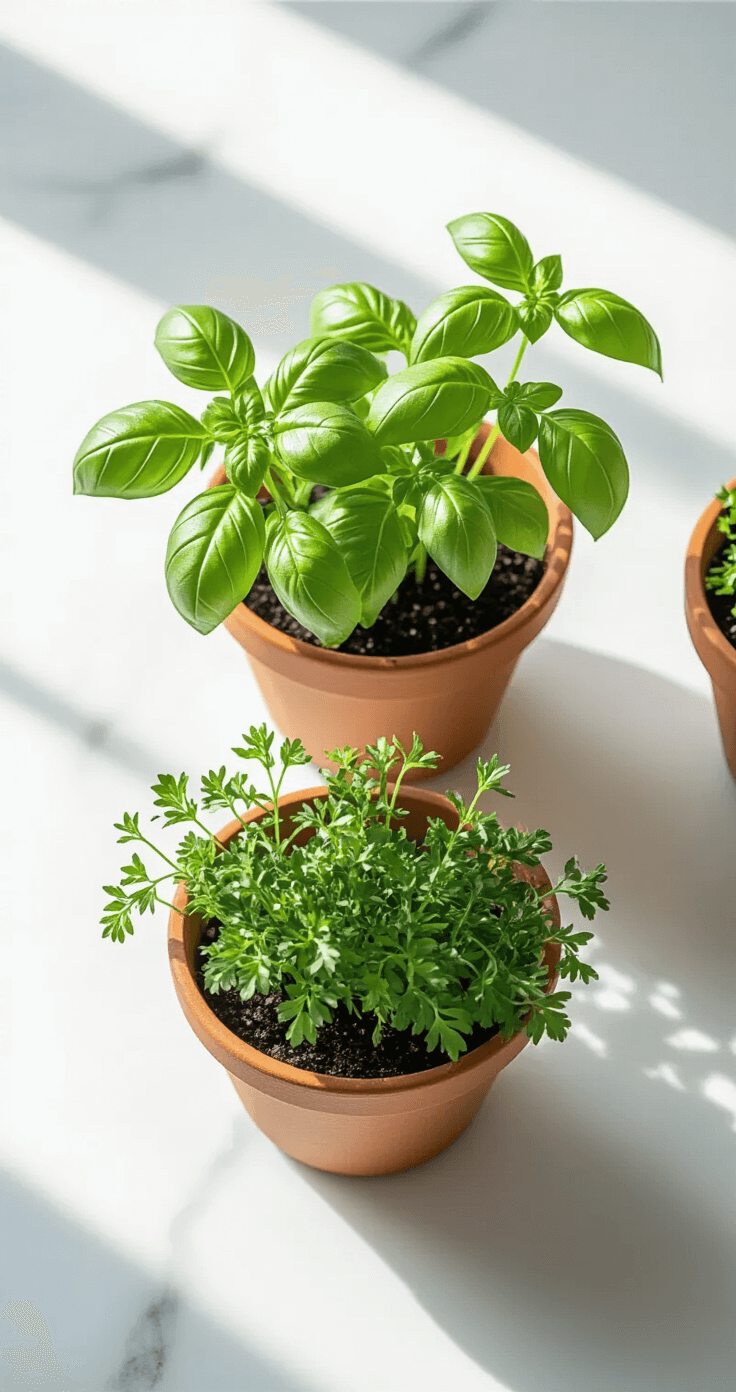 Minimalist kitchen counter featuring three terra cotta pots of basil, parsley, and thyme, illuminated by soft morning light and LED grow light, on a pristine white marble countertop, showcasing intricate leaf structures and soil details in a neutral color palette.