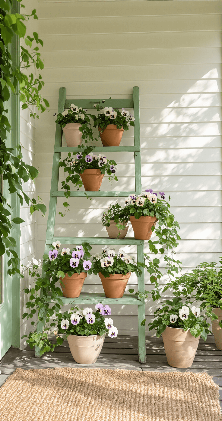 A serene front porch bathed in soft morning light, featuring a vintage sage green wooden ladder with hanging terra cotta pots of pastel pansies, a natural jute rug, and weathered wooden planks, all arranged asymmetrically with ceramic containers and trailing ivy, showcasing a muted color palette of whites, soft greens, and blush pink.
