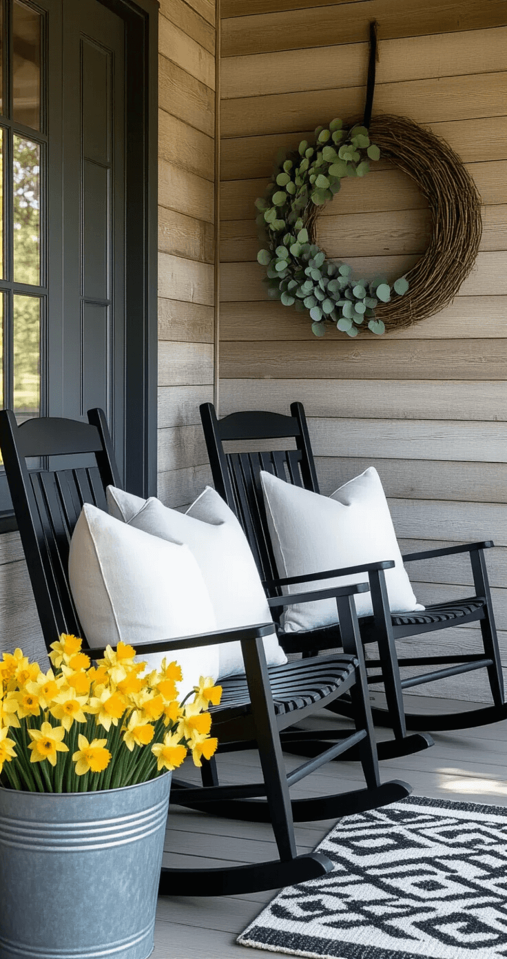 Rustic farmhouse porch corner featuring black rocking chairs with white throw pillows against a weathered wooden wall, an oversized grapevine wreath on a gray door, and a galvanized bucket of yellow daffodils, all bathed in soft morning light.