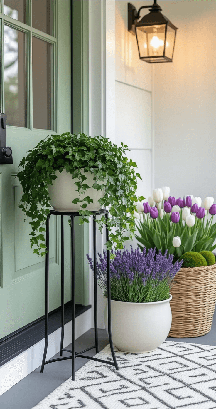 Minimalist spring porch featuring a black metal plant stand with cascading English ivy, a large ceramic planter with lavender and white tulips, solar-powered pathway lights, a sage green door, a geometric white and cream outdoor rug, and a woven basket with moss, all illuminated in soft evening light.