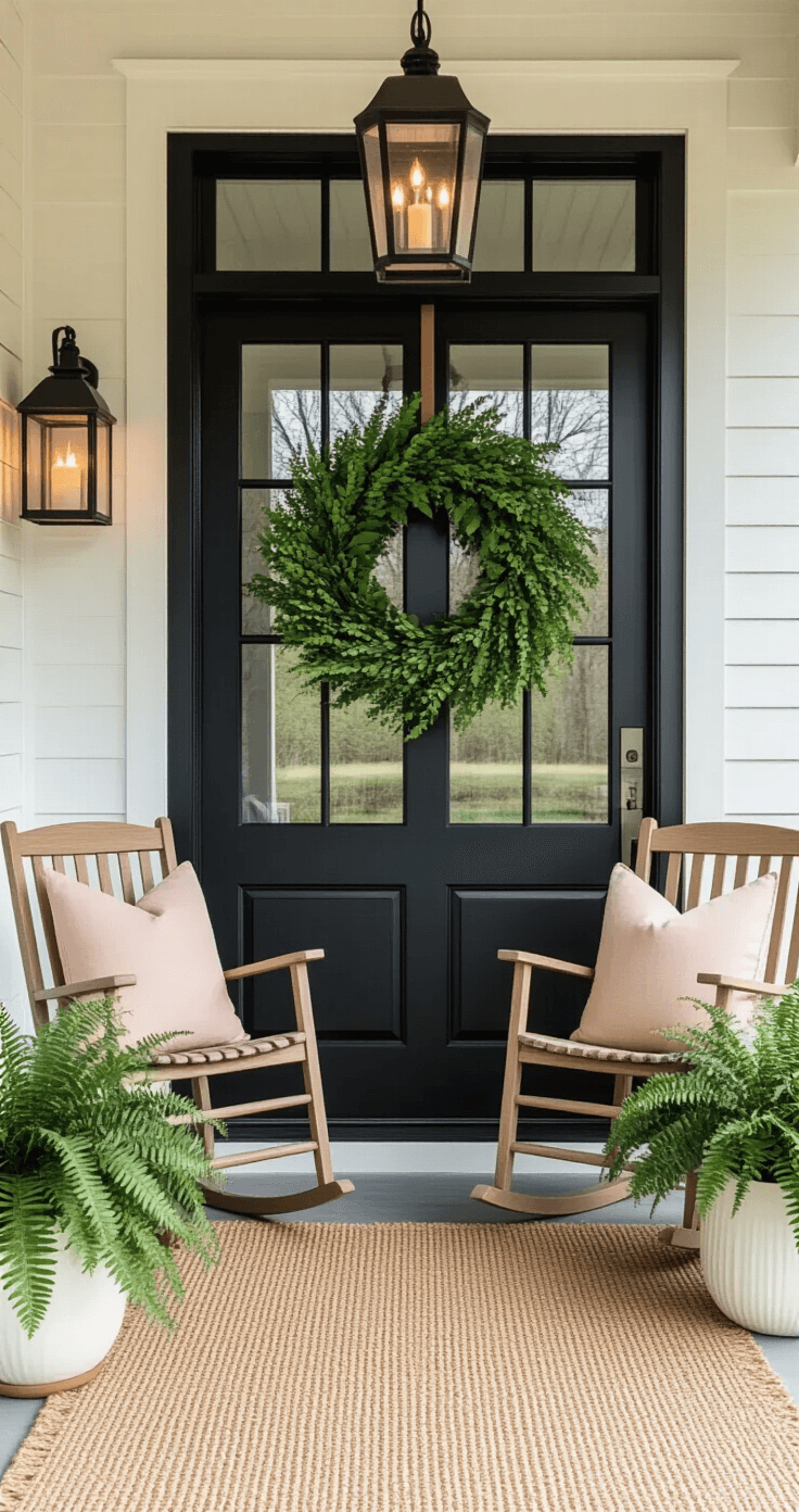 Modern farmhouse porch entrance featuring a black front door with a large botanical-themed wreath, natural wood rocking chairs with blush throw pillows, a hanging lantern with a candle, and potted ferns in decorative planters, all bathed in warm golden hour lighting.