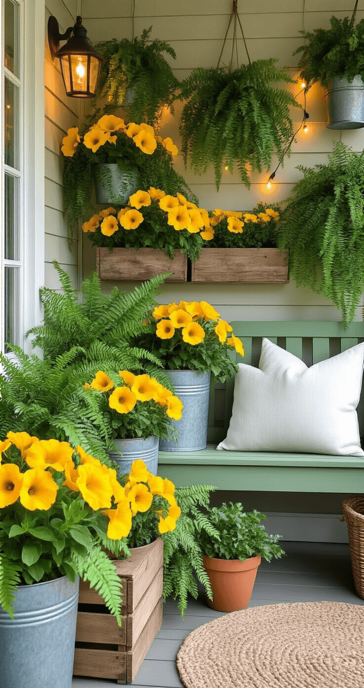 A vibrant spring porch corner featuring an asymmetrical arrangement of bright yellow petunias and soft green ferns in mismatched containers like weathered wooden crates and galvanized metal buckets. A sage green vintage wooden bench with a white throw pillow serves as the focal point, illuminated by soft solar string lights. The image captures varied plant heights and container textures from a low angle, showcasing a natural color palette with pops of sunny yellow.