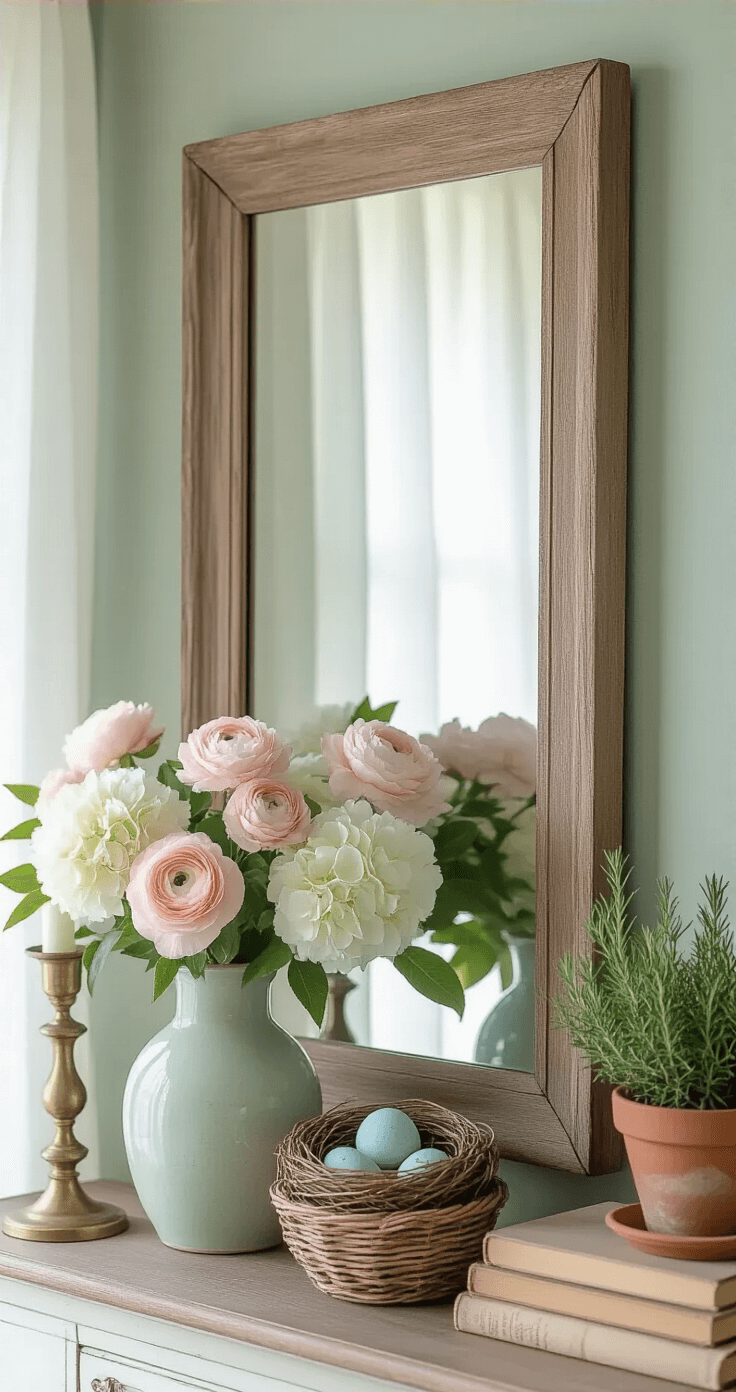 A serene spring mantel with a rustic wooden-framed mirror, soft sage green wall, morning light through sheer curtains, pale pink ranunculus and white hydrangeas in a vintage vase, a textured woven basket with a bird nest and pale blue robin's eggs, varying heights of brass candlesticks, a stack of vintage botanical books, and a terracotta pot with fresh rosemary.