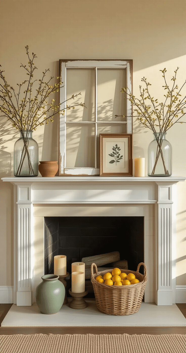 An elegant farmhouse mantel with a distressed white window frame, highlighted by golden hour light, featuring tall glass vases of forsythia, vintage botanical prints, a wicker basket of lemons and limes, and flameless candles, all against a warm cream wall.