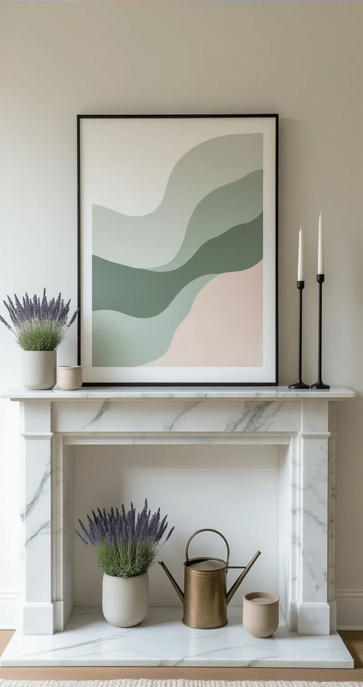 A modern minimalist spring mantel featuring a large abstract artwork in soft green and blush tones, a white marble mantelpiece, black metal candlesticks, small lavender plants in matte ceramics, an antique brass watering can, and an essential oil diffuser, all illuminated by soft natural light.